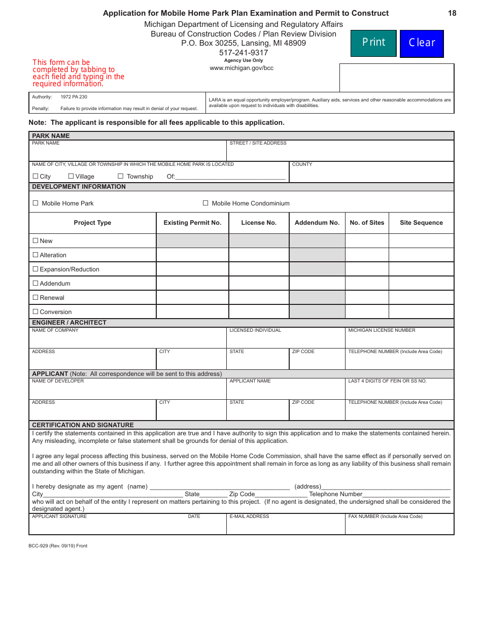 Form BCC-929 Application for Mobile Home Park Plan Examination and Permit to Construct - Michigan, Page 1