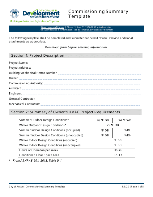 Commissioning Summary Template - City of Austin, Texas Download Pdf