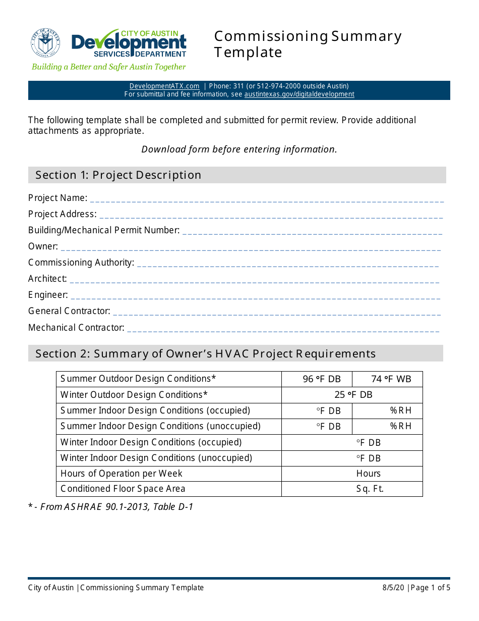 Commissioning Summary Template - City of Austin, Texas, Page 1