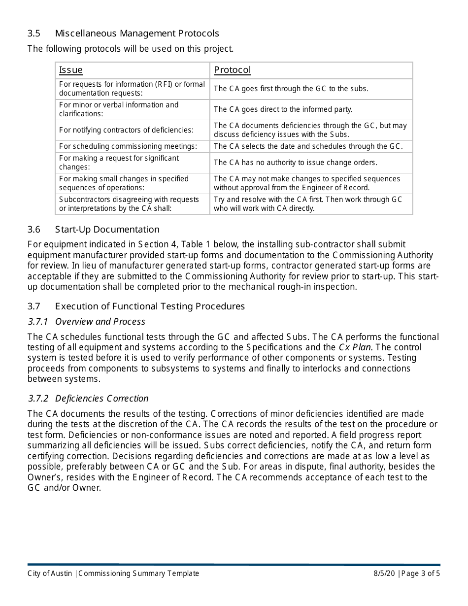 Commissioning Summary Template - City of Austin, Texas, Page 3