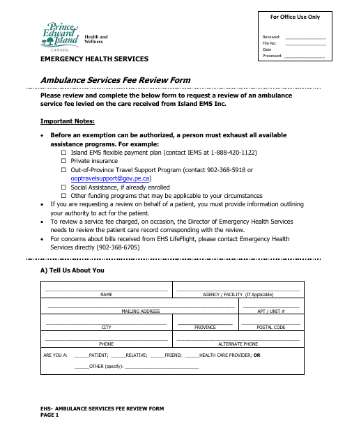 Ambulance Services Fee Review Form - Prince Edward Island, Canada Download Pdf