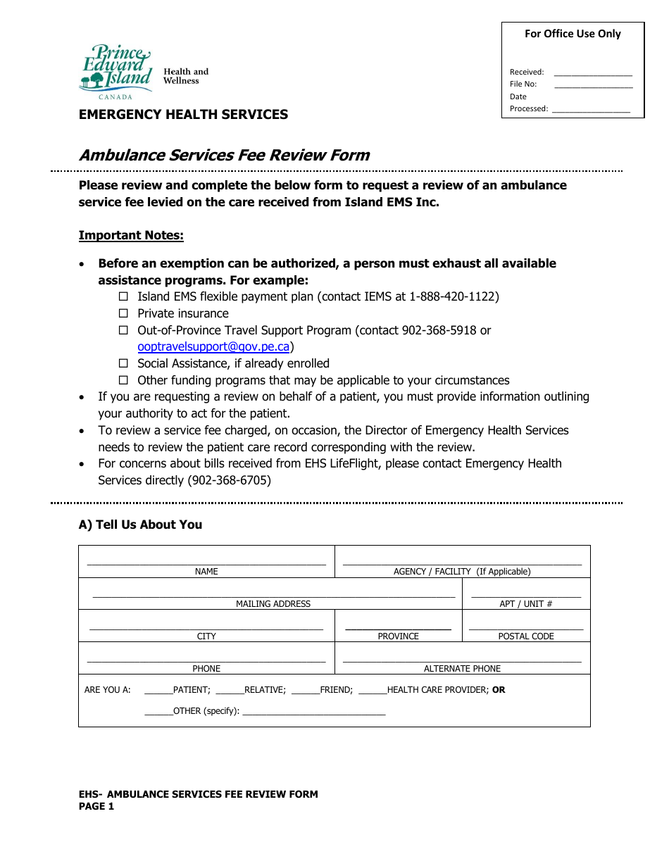 Ambulance Services Fee Review Form - Prince Edward Island, Canada, Page 1