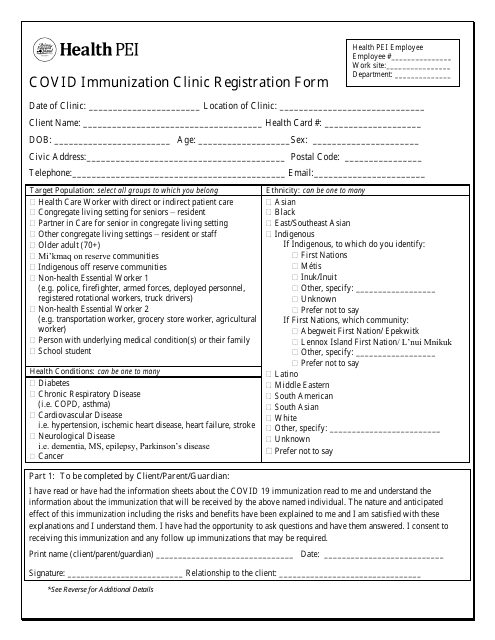 Covid Immunization Clinic Registration Form - Prince Edward Island, Canada