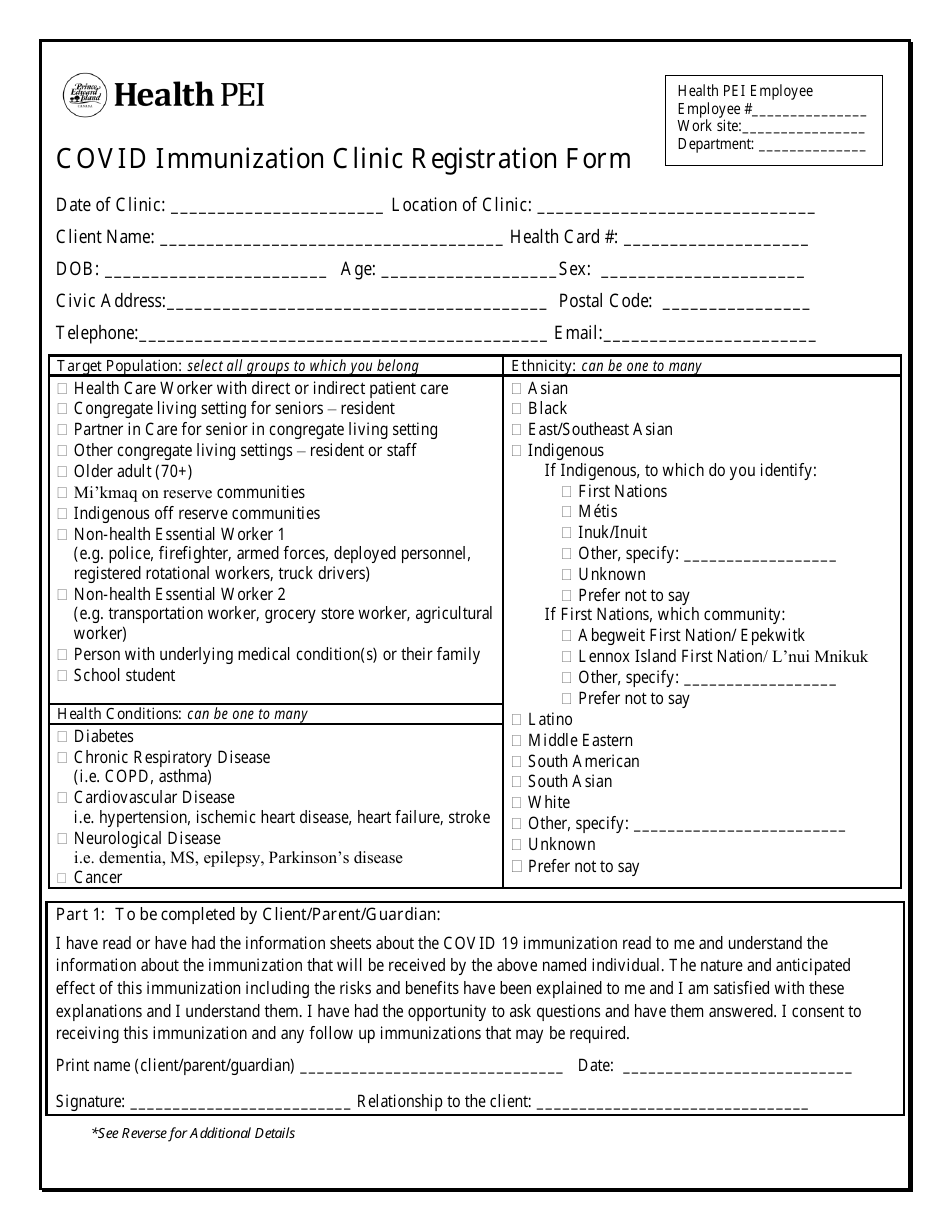 Covid Immunization Clinic Registration Form - Prince Edward Island, Canada, Page 1