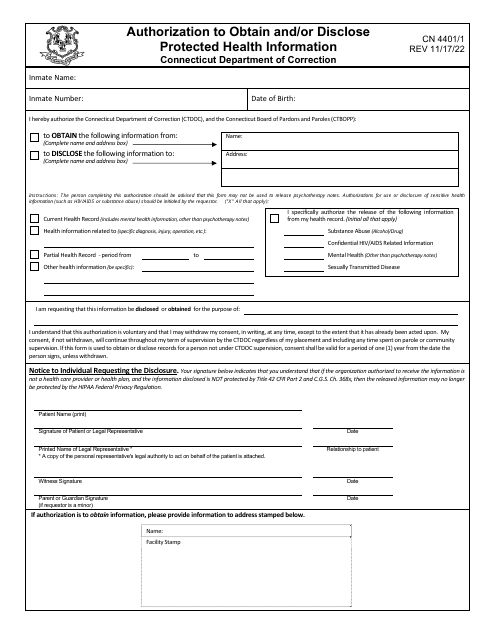 Form CN4401/1 Authorization to Obtain and/or Disclose Protected Health Information - Connecticut