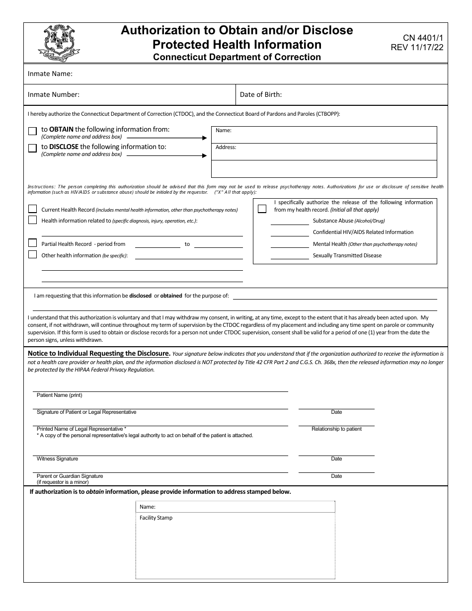 Form CN4401 / 1 Authorization to Obtain and / or Disclose Protected Health Information - Connecticut, Page 1