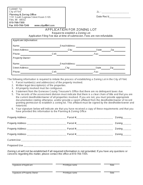 Application for Zoning Lot - City of Flint, Michigan Download Pdf