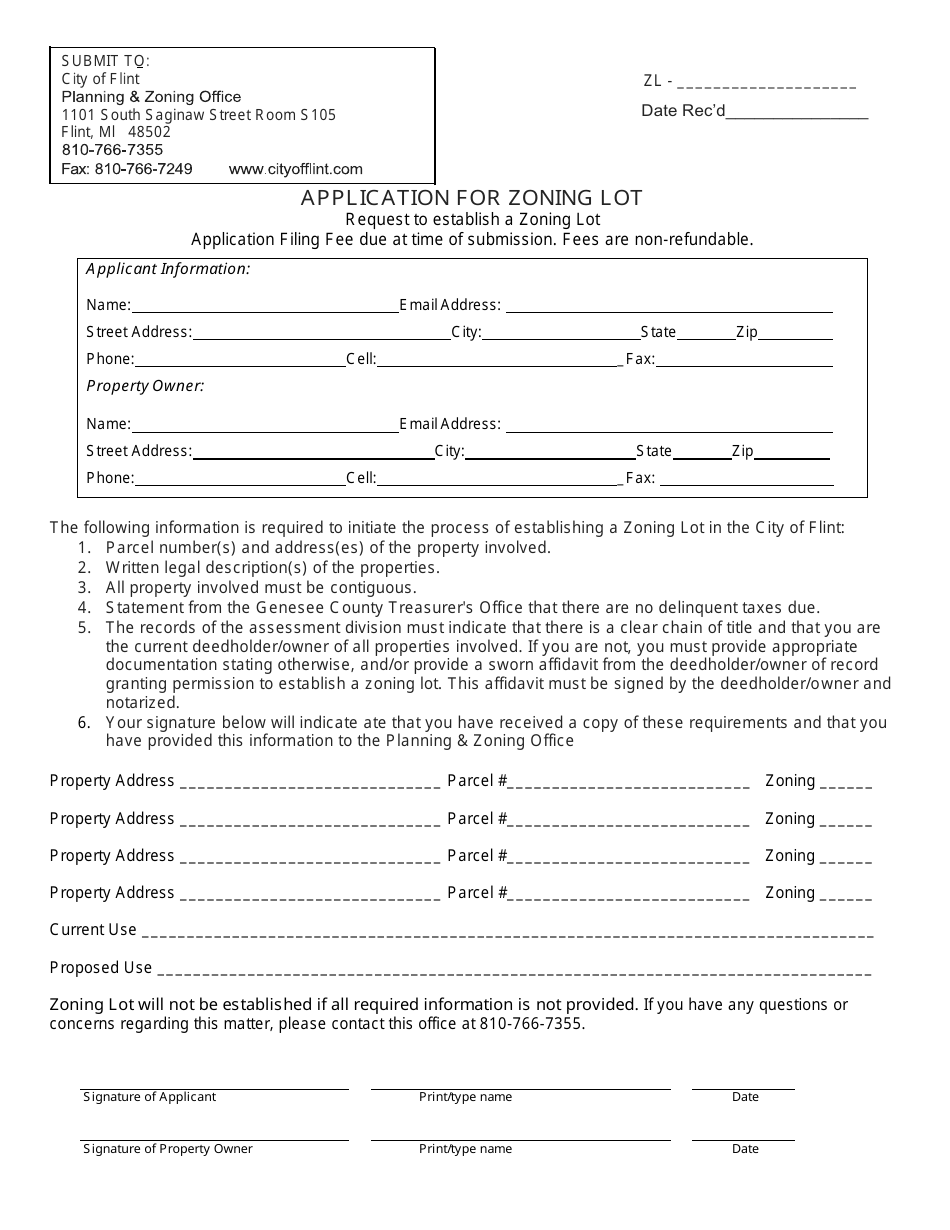 Application for Zoning Lot - City of Flint, Michigan, Page 1