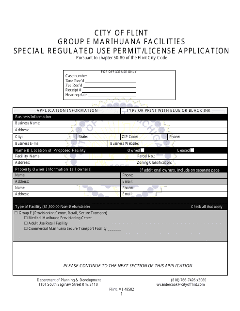 Group E Marihuana Facilities Special Regulated Use Permit / License Application - City of Flint, Michigan Download Pdf