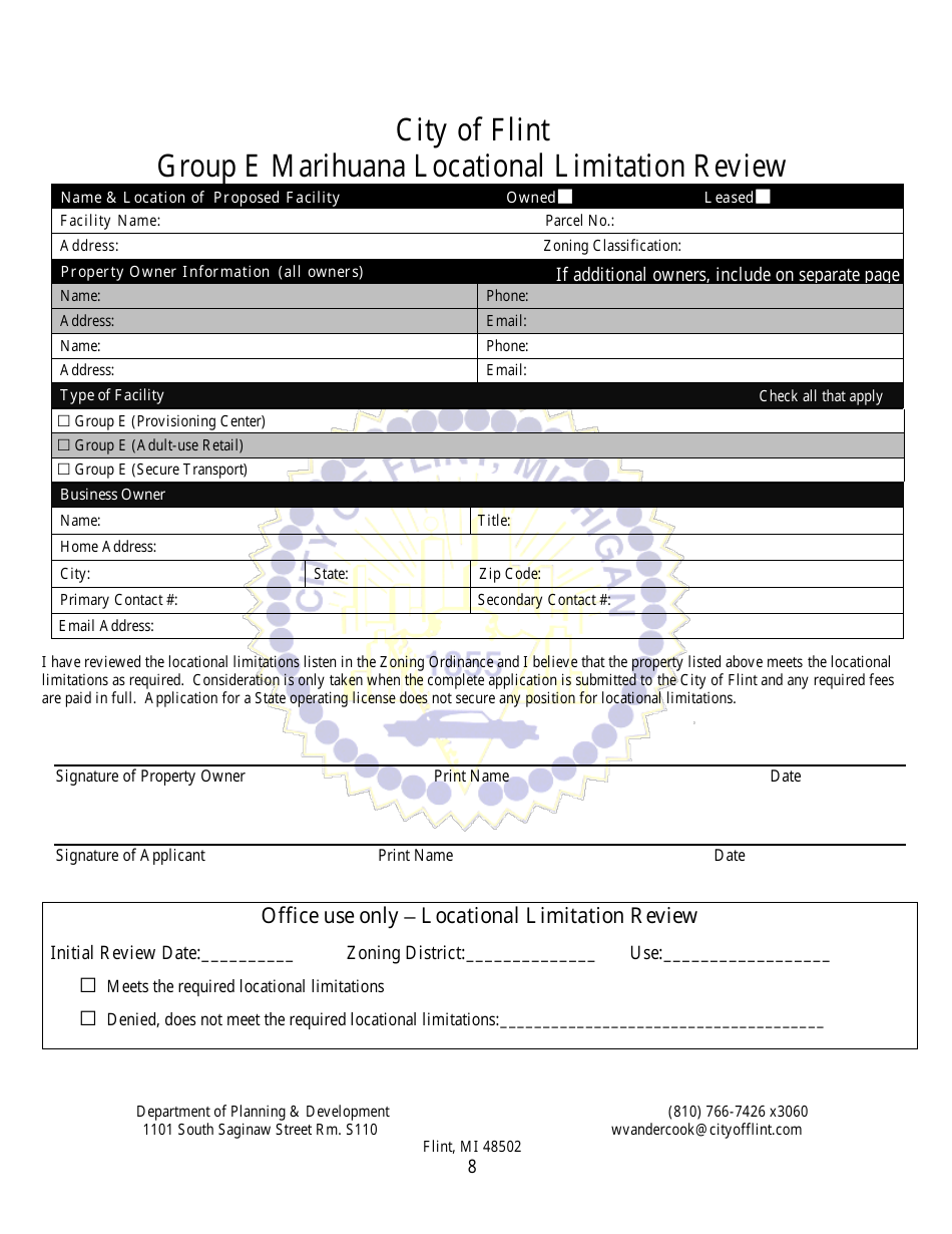 Group E Marihuana Facilities Special Regulated Use Permit / License Application - City of Flint, Michigan, Page 8