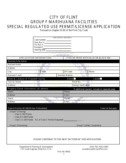 Group F Marihuana Facilities Special Regulated Use Permit / License Application - City of Flint, Michigan Download Pdf