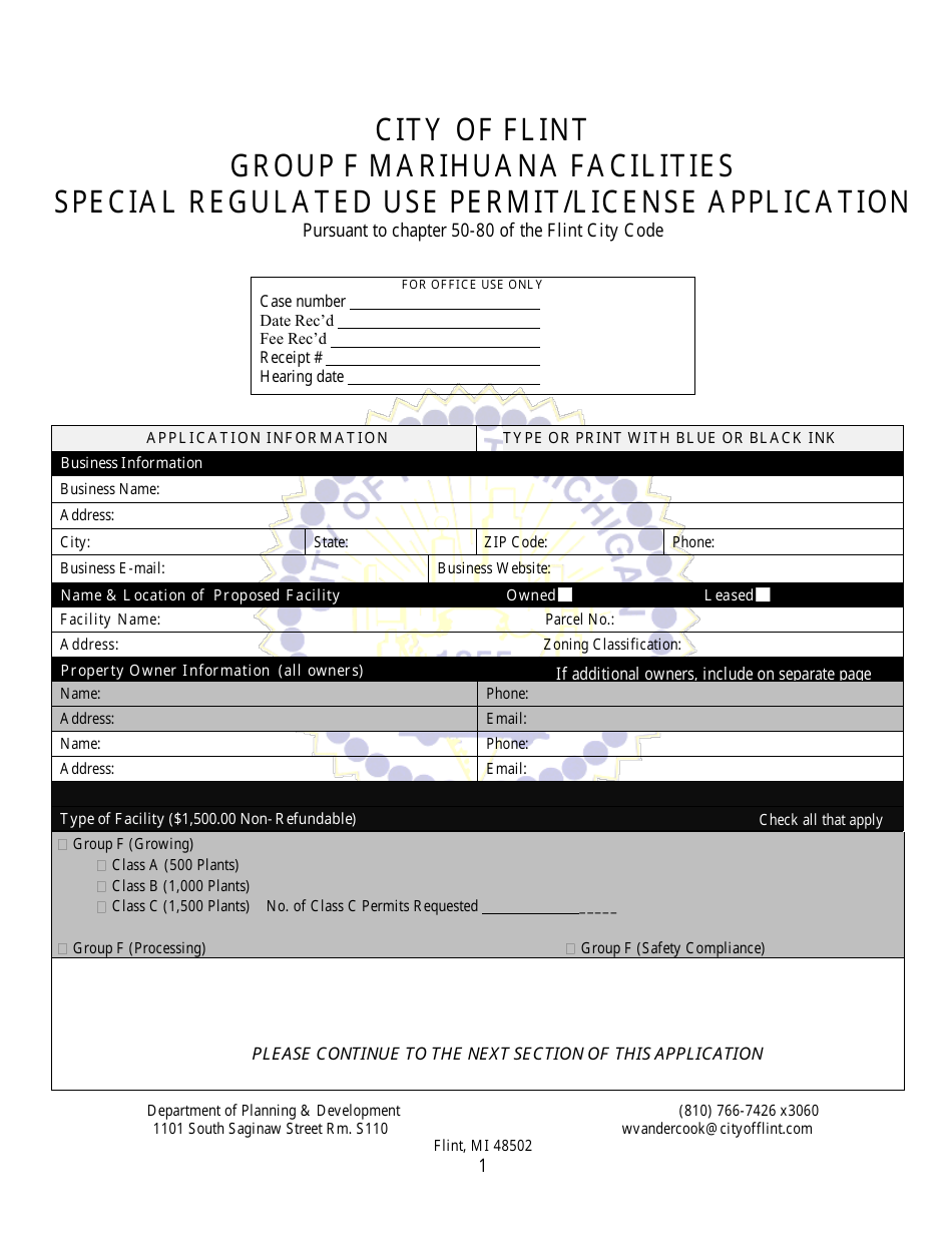 Group F Marihuana Facilities Special Regulated Use Permit / License Application - City of Flint, Michigan, Page 1