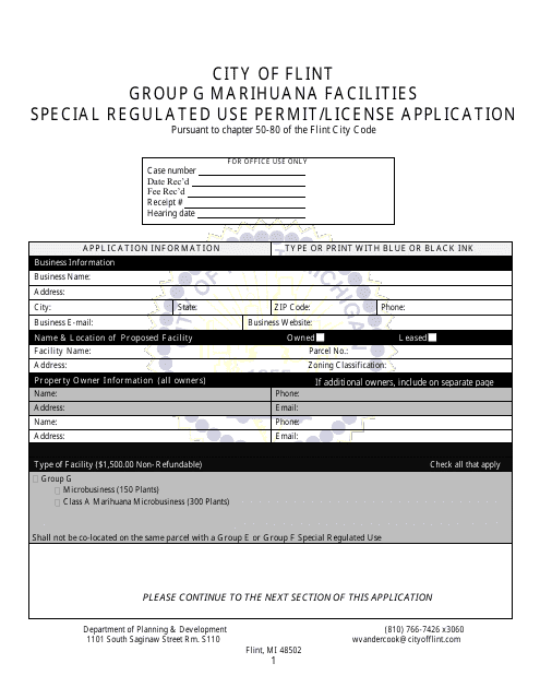 Group G Marihuana Facilities Special Regulated Use Permit / License Application - City of Flint, Michigan Download Pdf