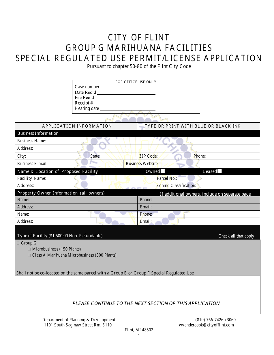 Group G Marihuana Facilities Special Regulated Use Permit / License Application - City of Flint, Michigan, Page 1