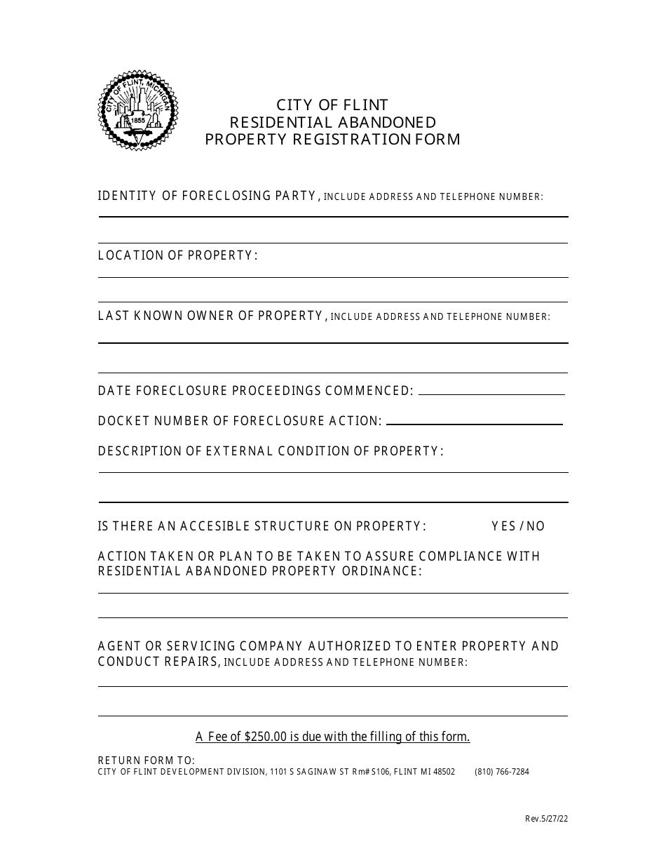 Residential Abandoned Property Registration Form - City of Flint, Michigan, Page 1
