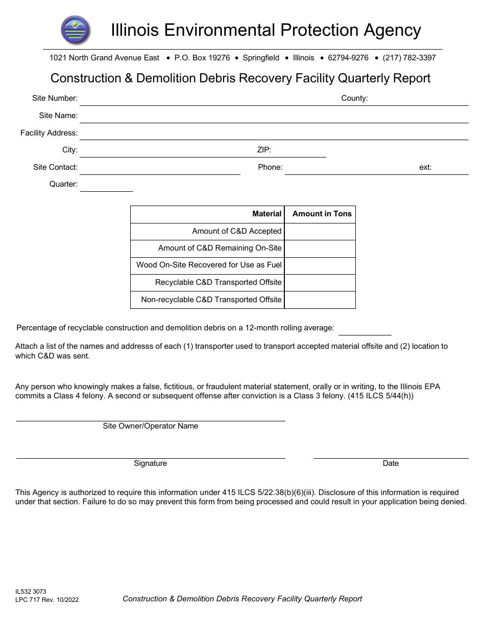 Form IL532 3073 (LPC717) Construction  Demolition Debris Recovery Facility Quarterly Report - Illinois, Page 1