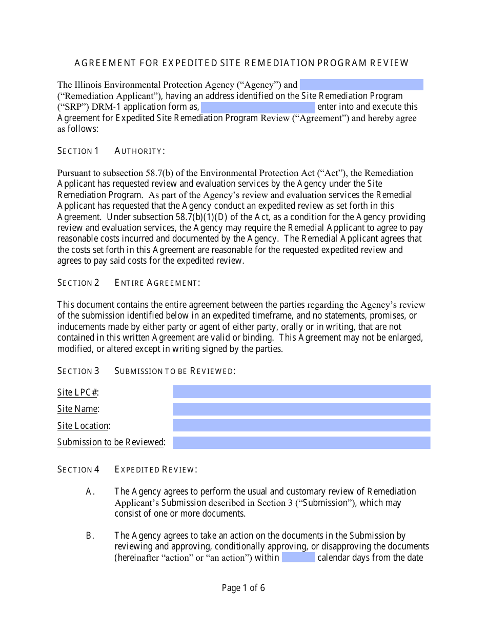 Agreement for Expedited Site Remediation Program Review - Illinois, Page 1