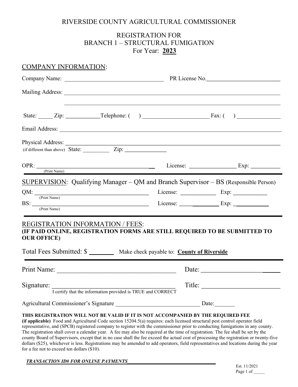 Registration for Branch 1 - Structural Fumigation - County of Riverside, California, Page 1