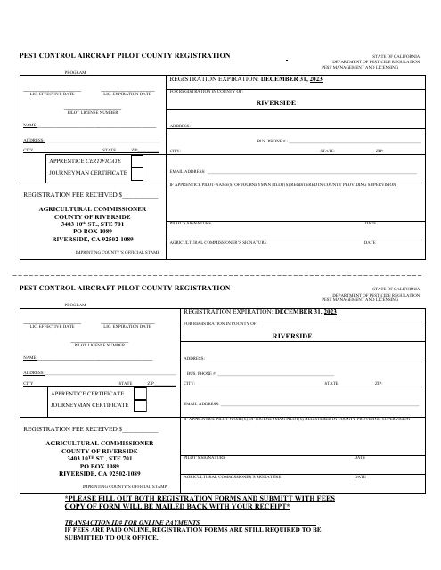 Pest Control Aircraft Pilot County Registration - County of Riverside, California Download Pdf