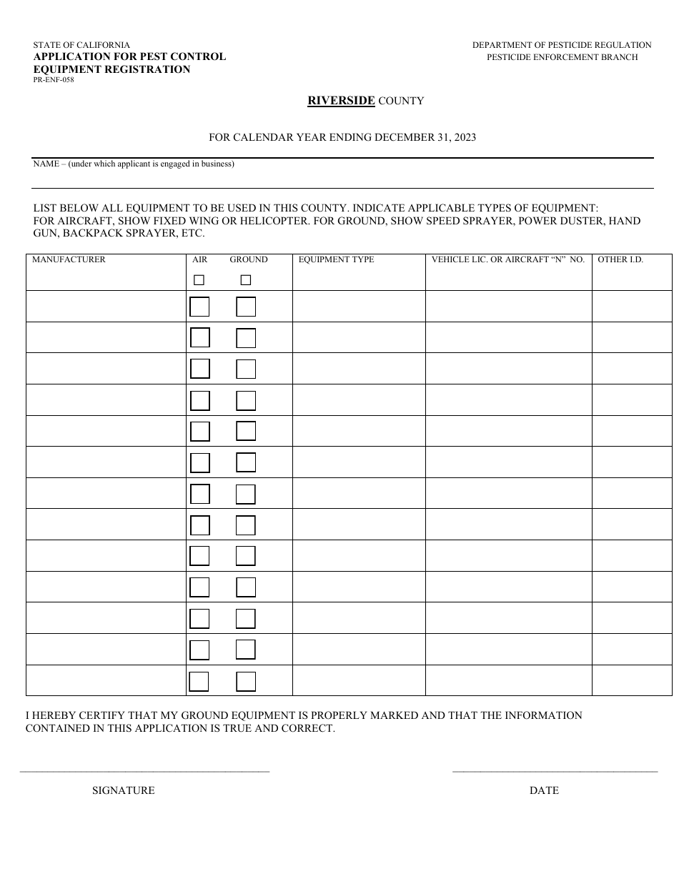 Form PR-ENF-058 Application for Pest Control Equipment Registration - County of Riverside, California, Page 1