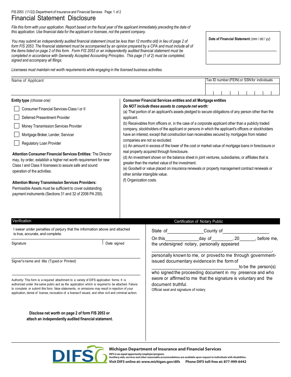 Form FIS2053 Financial Statement Disclosure - Michigan, Page 1