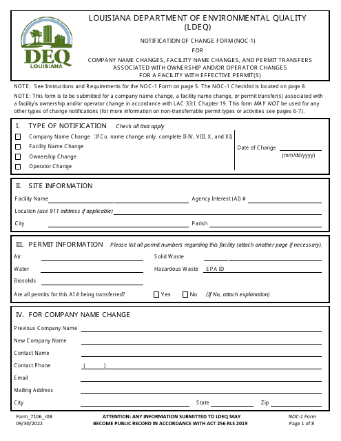 Form NOC-1 (7106_R08) Notification of Change Form for Company Name Changes, Facility Name Changes, and Permit Transfers Associated With Ownership and/or Operator Changes for a Facility With Effective Permit(S) - Louisiana