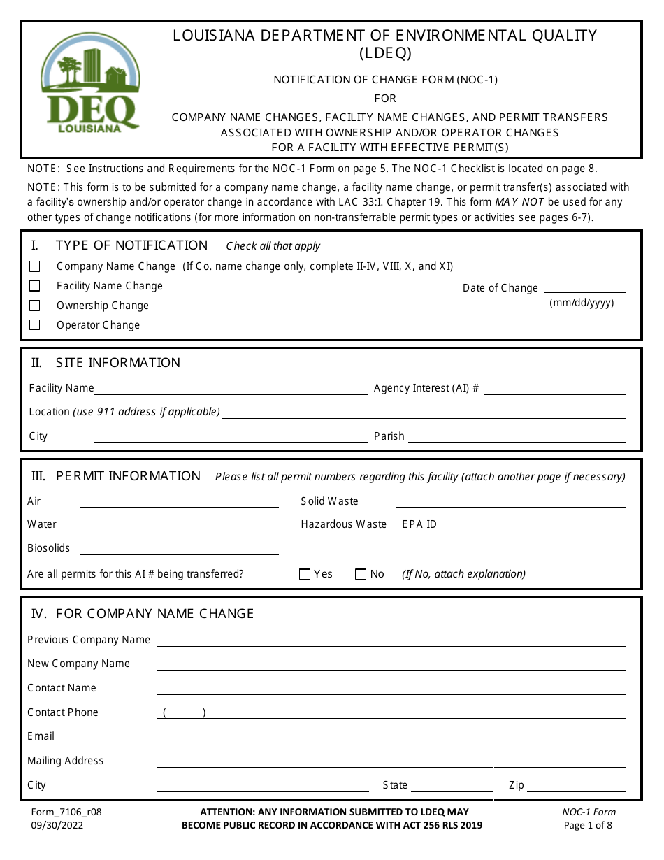 Form NOC-1 (7106_R08) Notification of Change Form for Company Name Changes, Facility Name Changes, and Permit Transfers Associated With Ownership and / or Operator Changes for a Facility With Effective Permit(S) - Louisiana, Page 1