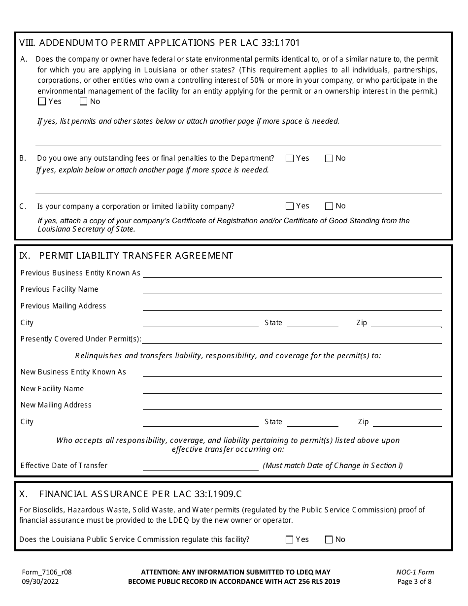 Form NOC-1 (7106_R08) Notification of Change Form for Company Name Changes, Facility Name Changes, and Permit Transfers Associated With Ownership and / or Operator Changes for a Facility With Effective Permit(S) - Louisiana, Page 3