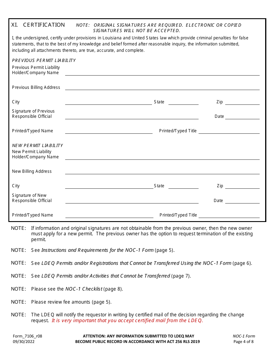 Form NOC-1 (7106_R08) Notification of Change Form for Company Name Changes, Facility Name Changes, and Permit Transfers Associated With Ownership and / or Operator Changes for a Facility With Effective Permit(S) - Louisiana, Page 4