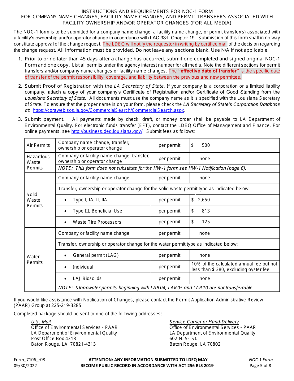 Form NOC-1 (7106_R08) Notification of Change Form for Company Name Changes, Facility Name Changes, and Permit Transfers Associated With Ownership and / or Operator Changes for a Facility With Effective Permit(S) - Louisiana, Page 5