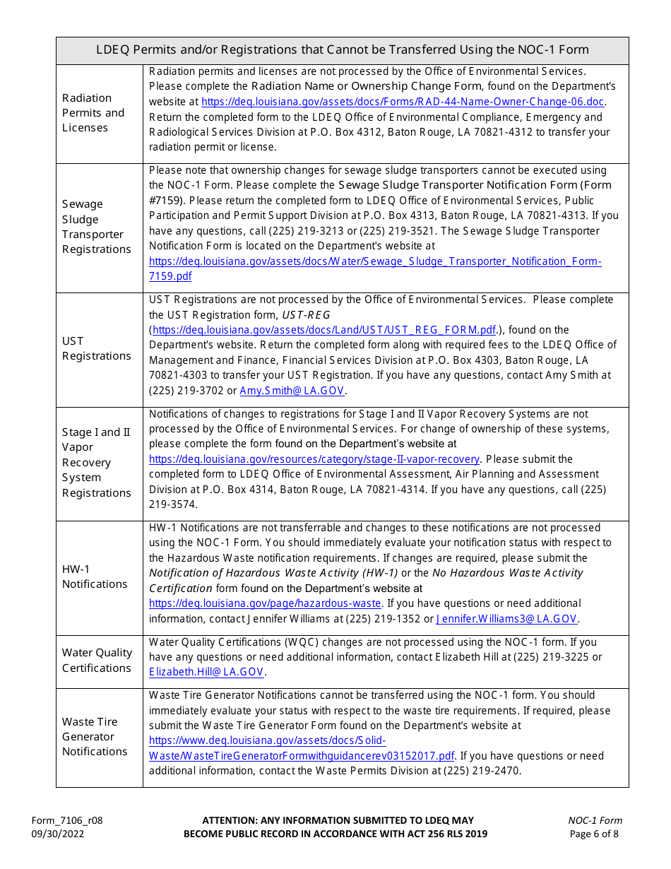 Form NOC-1 (7106_R08) Notification of Change Form for Company Name Changes, Facility Name Changes, and Permit Transfers Associated With Ownership and / or Operator Changes for a Facility With Effective Permit(S) - Louisiana, Page 6