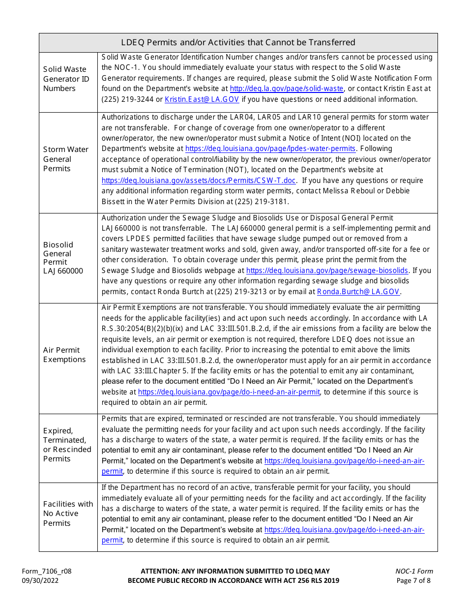 Form NOC-1 (7106_R08) Notification of Change Form for Company Name Changes, Facility Name Changes, and Permit Transfers Associated With Ownership and / or Operator Changes for a Facility With Effective Permit(S) - Louisiana, Page 7
