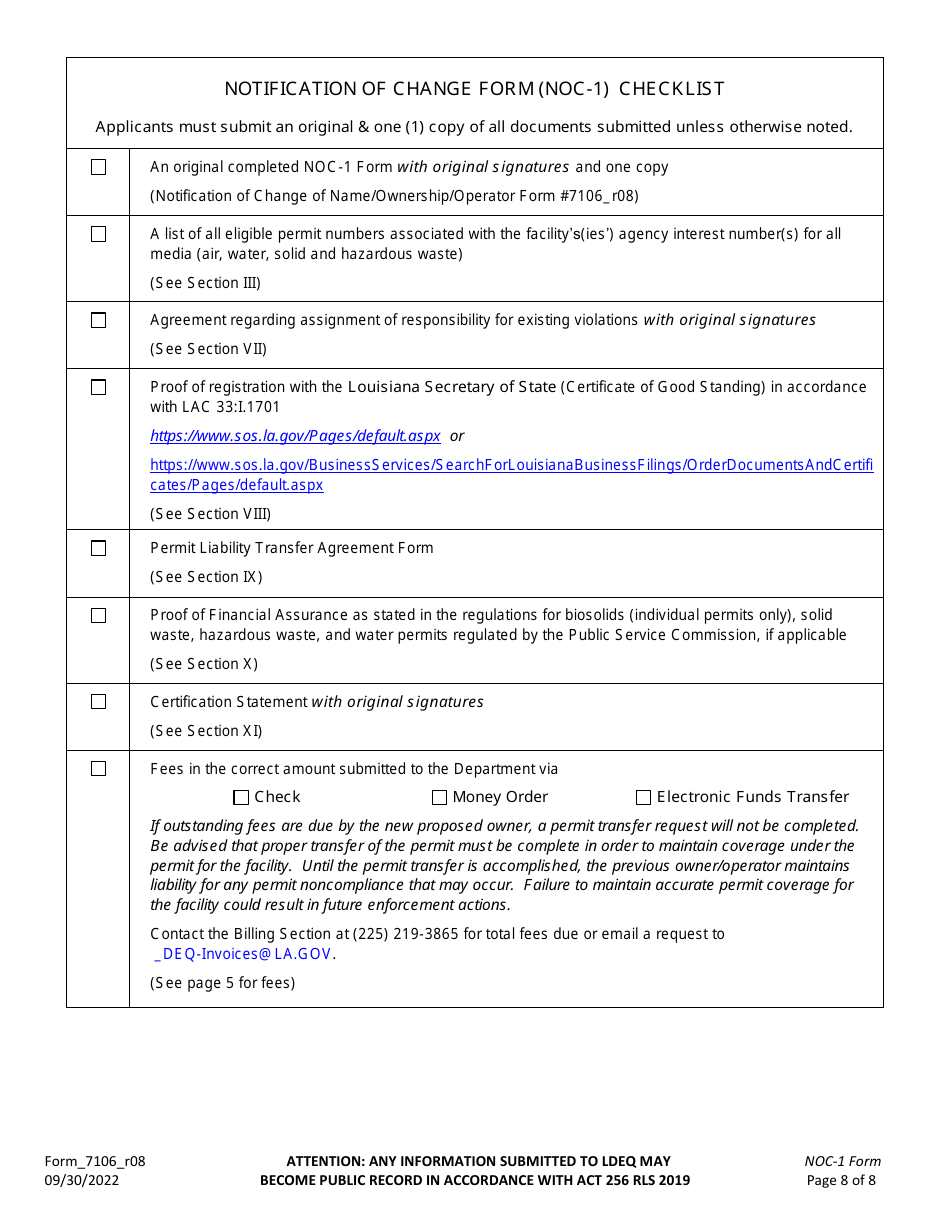 Form NOC-1 (7106_R08) Notification of Change Form for Company Name Changes, Facility Name Changes, and Permit Transfers Associated With Ownership and / or Operator Changes for a Facility With Effective Permit(S) - Louisiana, Page 8