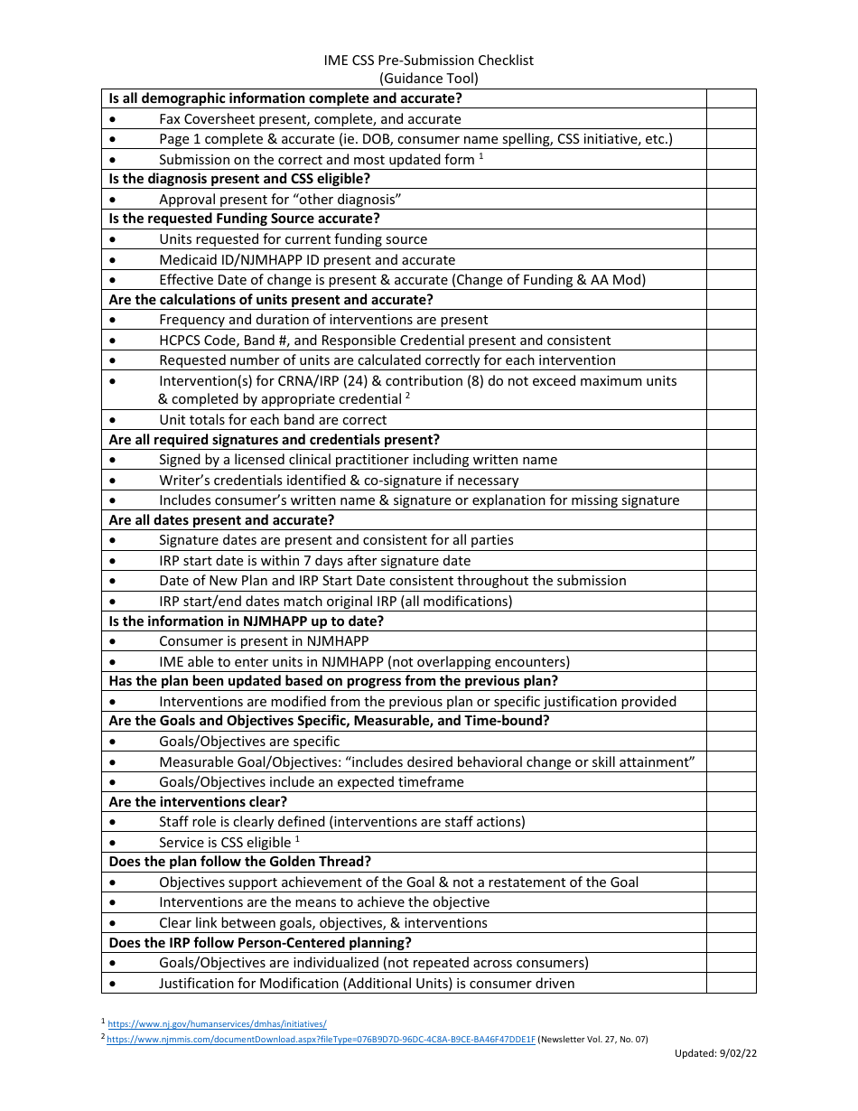 Ime Css Pre-submission Checklist (Guidance Tool) - New Jersey, Page 1