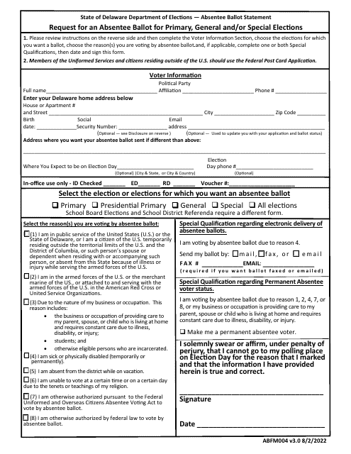 Form ABFM004 Request for an Absentee Ballot for Primary, General and/or Special Elections - Delaware