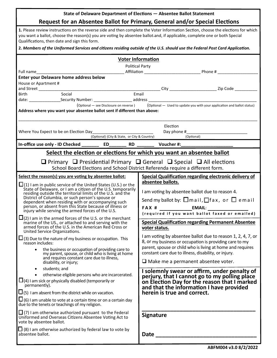 Form ABFM004 Request for an Absentee Ballot for Primary, General and / or Special Elections - Delaware, Page 1