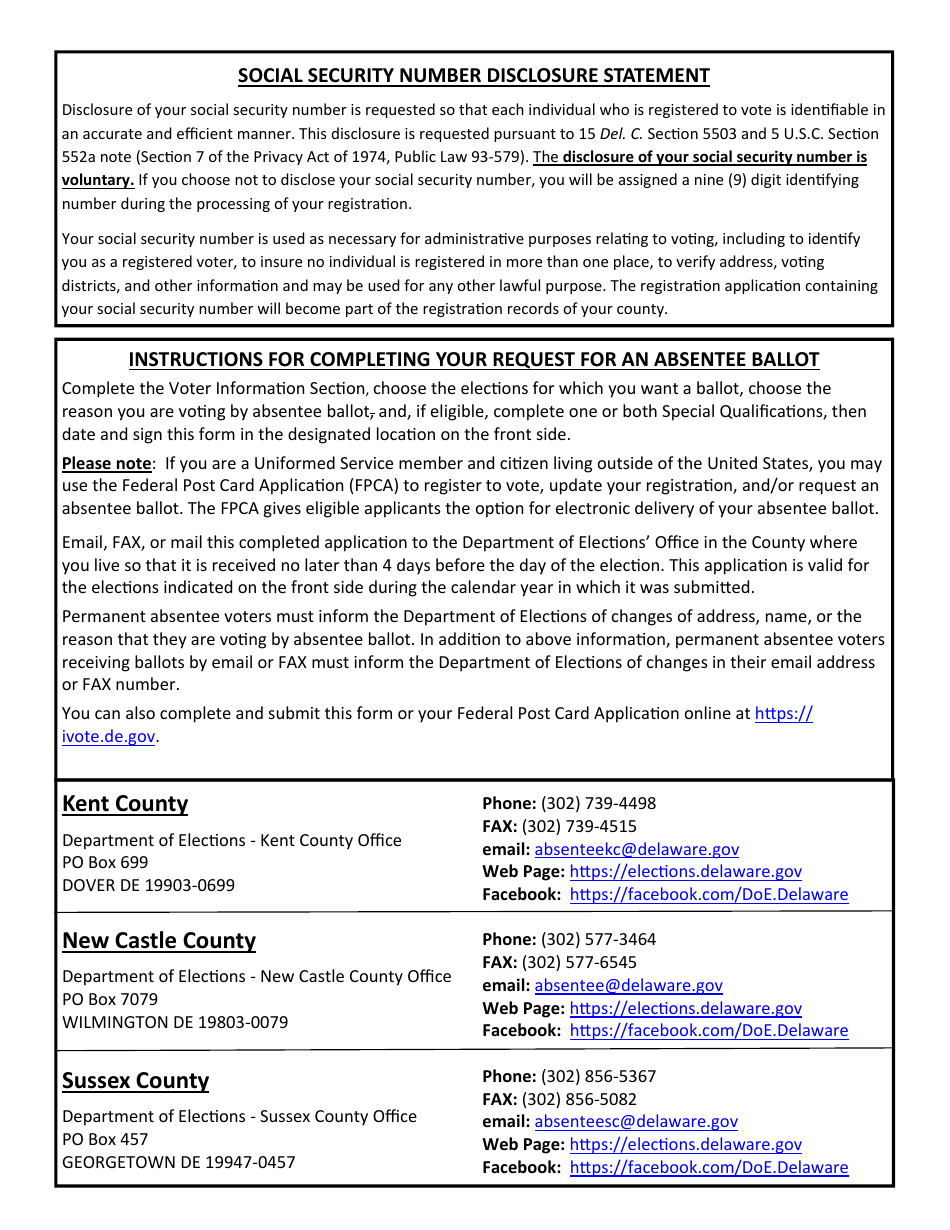 Form ABFM004 Request for an Absentee Ballot for Primary, General and / or Special Elections - Delaware, Page 2