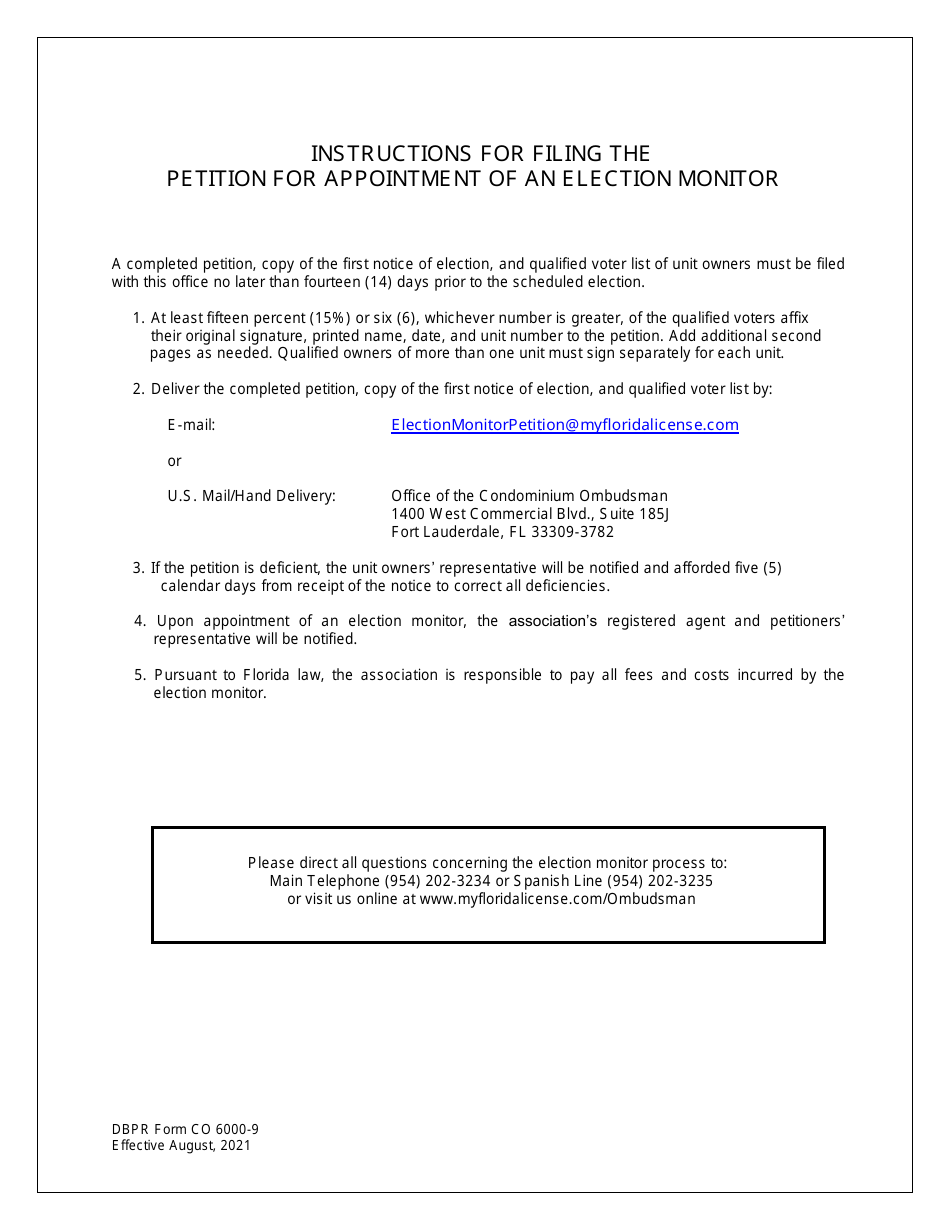 DBPR Form CO6000-9 Petition for Appointment of Election Monitor - Florida, Page 1