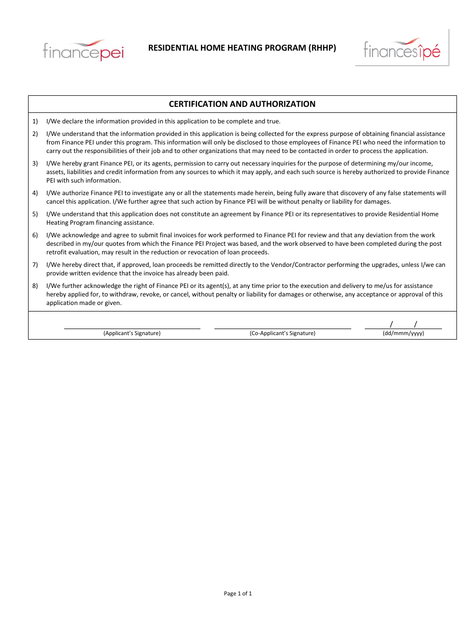 Certification and Authorization - Residential Home Heating Program (Rhhp) - Prince Edward Island, Canada, Page 1
