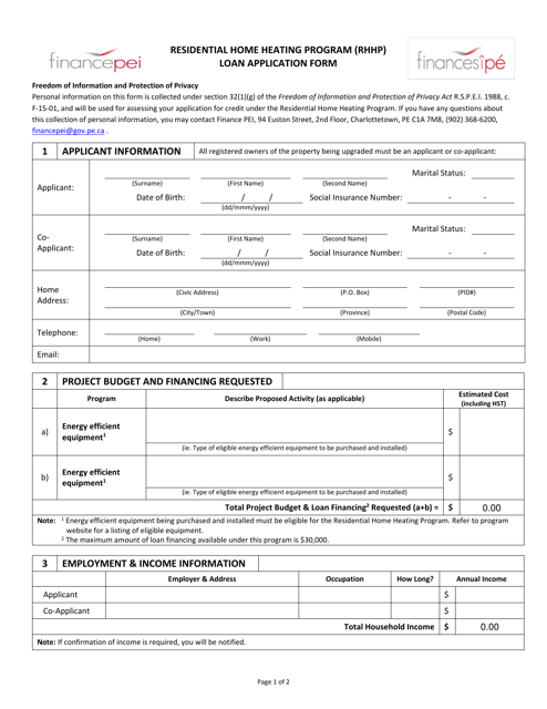 Loan Application Form - Residential Home Heating Program (Rhhp) - Prince Edward Island, Canada Download Pdf