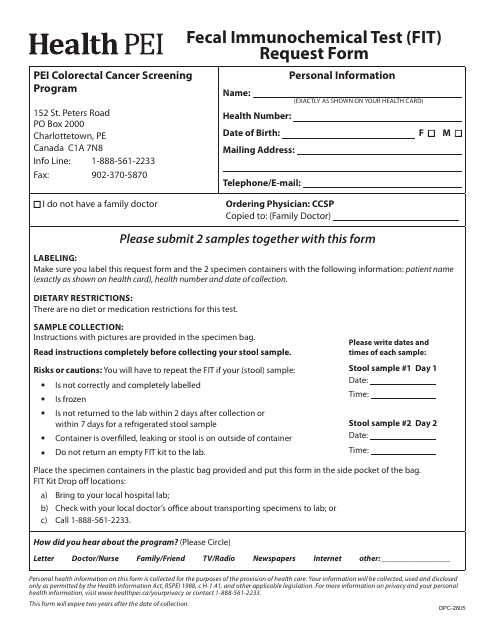 Form DPC-2605 Fecal Immunochemical Test (Fit) Request Form - Prince Edward Island, Canada (English/French)