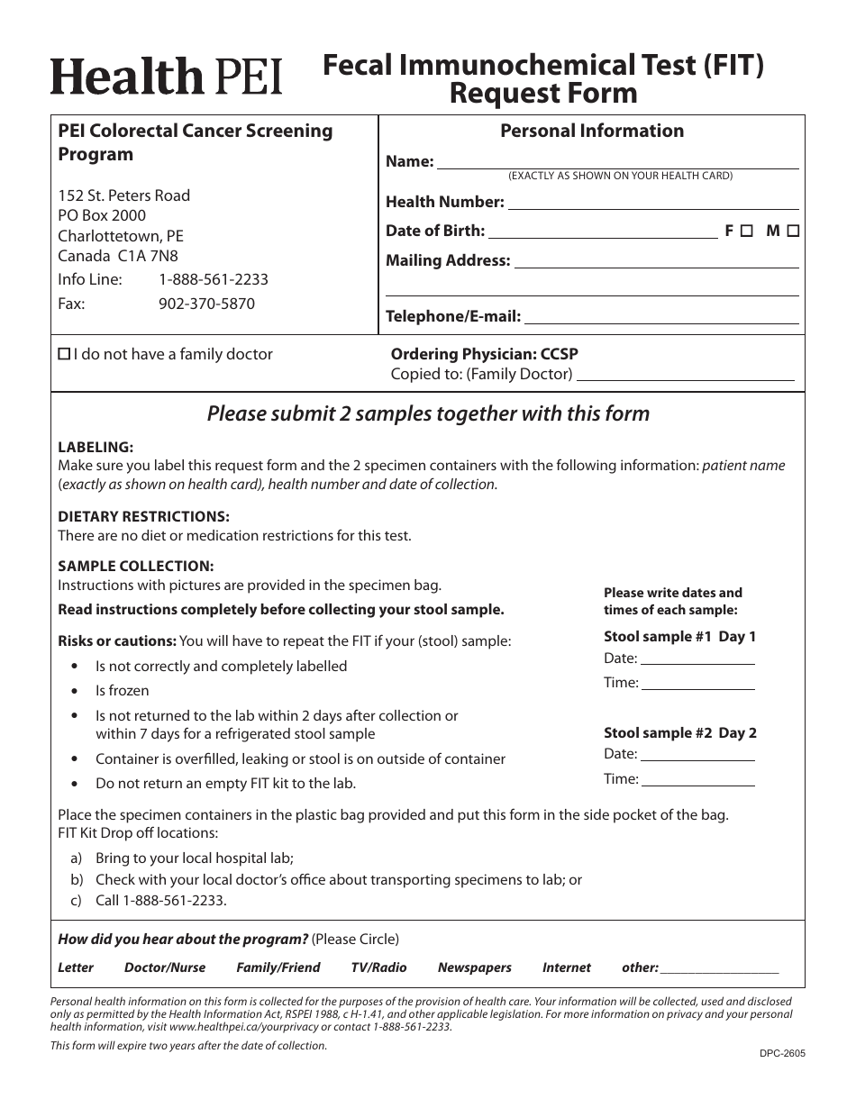 Form DPC-2605 Fecal Immunochemical Test (Fit) Request Form - Prince Edward Island, Canada (English / French), Page 1