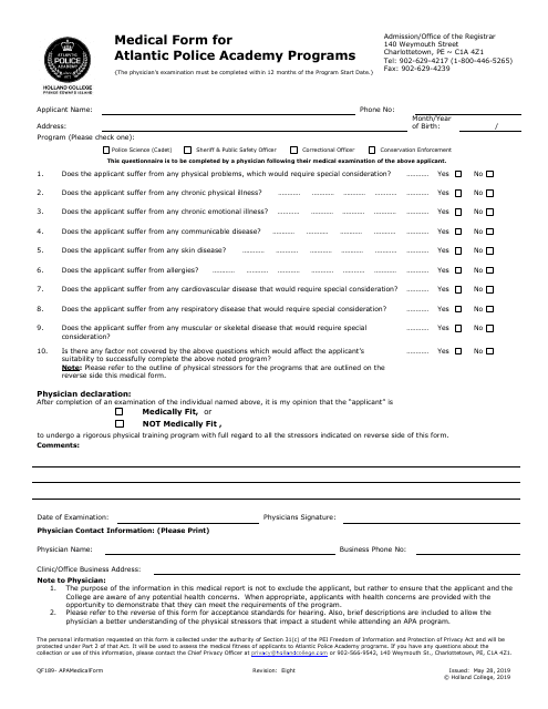 Form QF189 Medical Form for Atlantic Police Academy Programs - Prince Edward Island, Canada