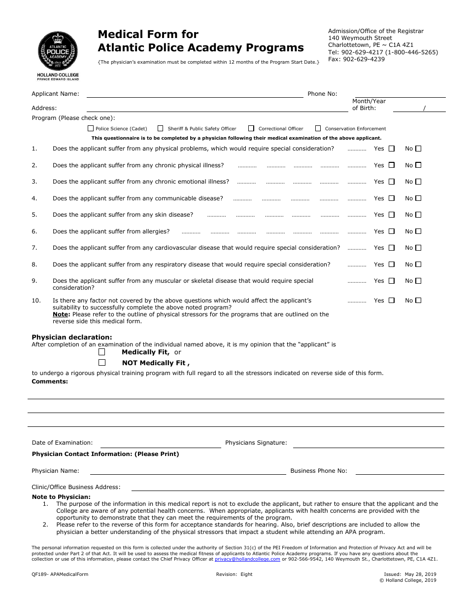 Form QF189 Medical Form for Atlantic Police Academy Programs - Prince Edward Island, Canada, Page 1