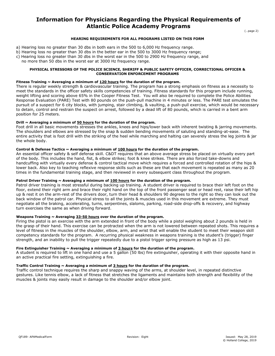 Form QF189 Medical Form for Atlantic Police Academy Programs - Prince Edward Island, Canada, Page 2