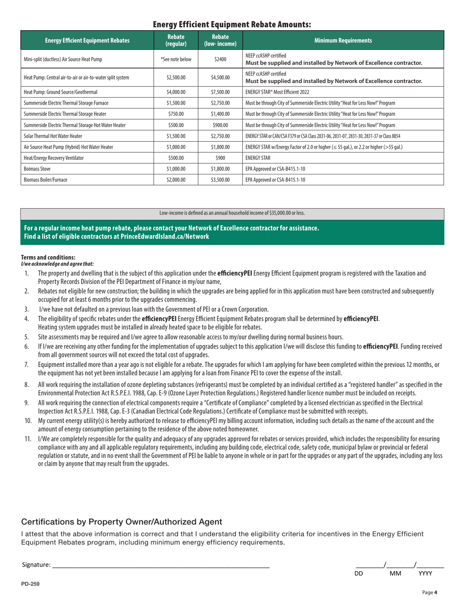 Form PD-259 Energy Efficient Equipment Rebates Application - Prince Edward Island, Canada, Page 4