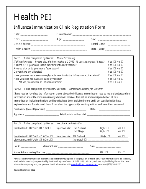 Influenza Immunization Clinic Registration Form - Prince Edward Island, Canada Download Pdf