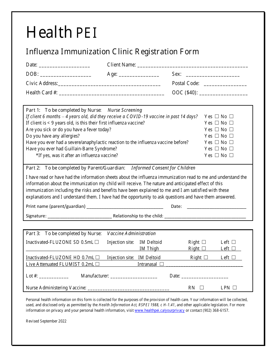Influenza Immunization Clinic Registration Form - Prince Edward Island, Canada, Page 1