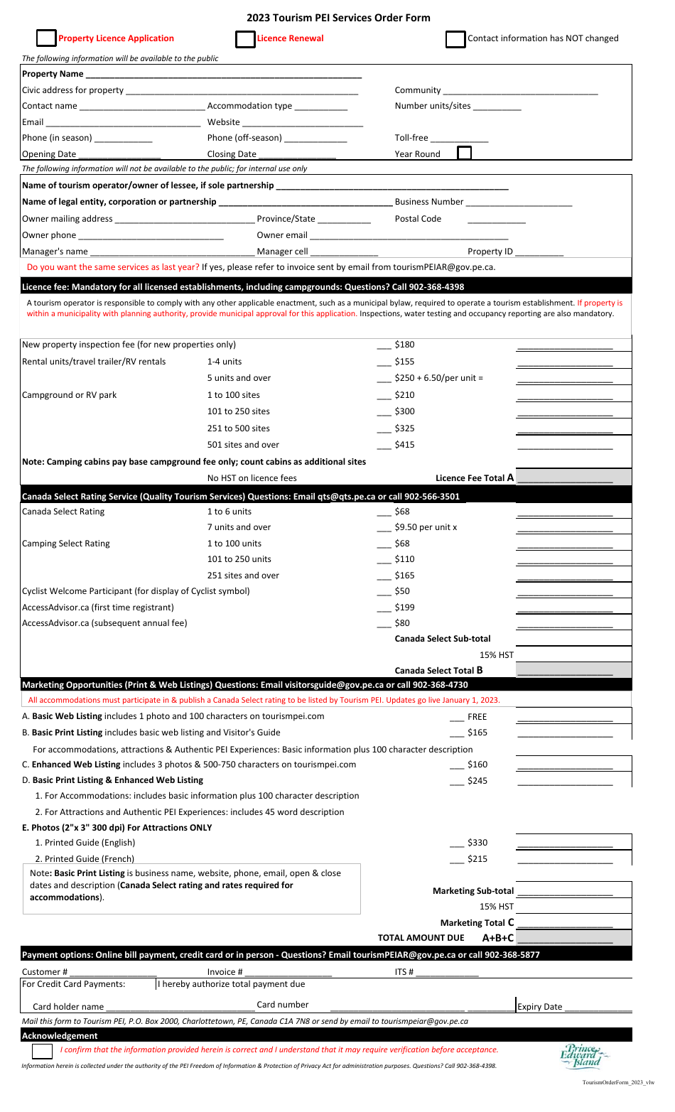 Tourism Pei Services Order Form - Prince Edward Island, Canada, Page 1