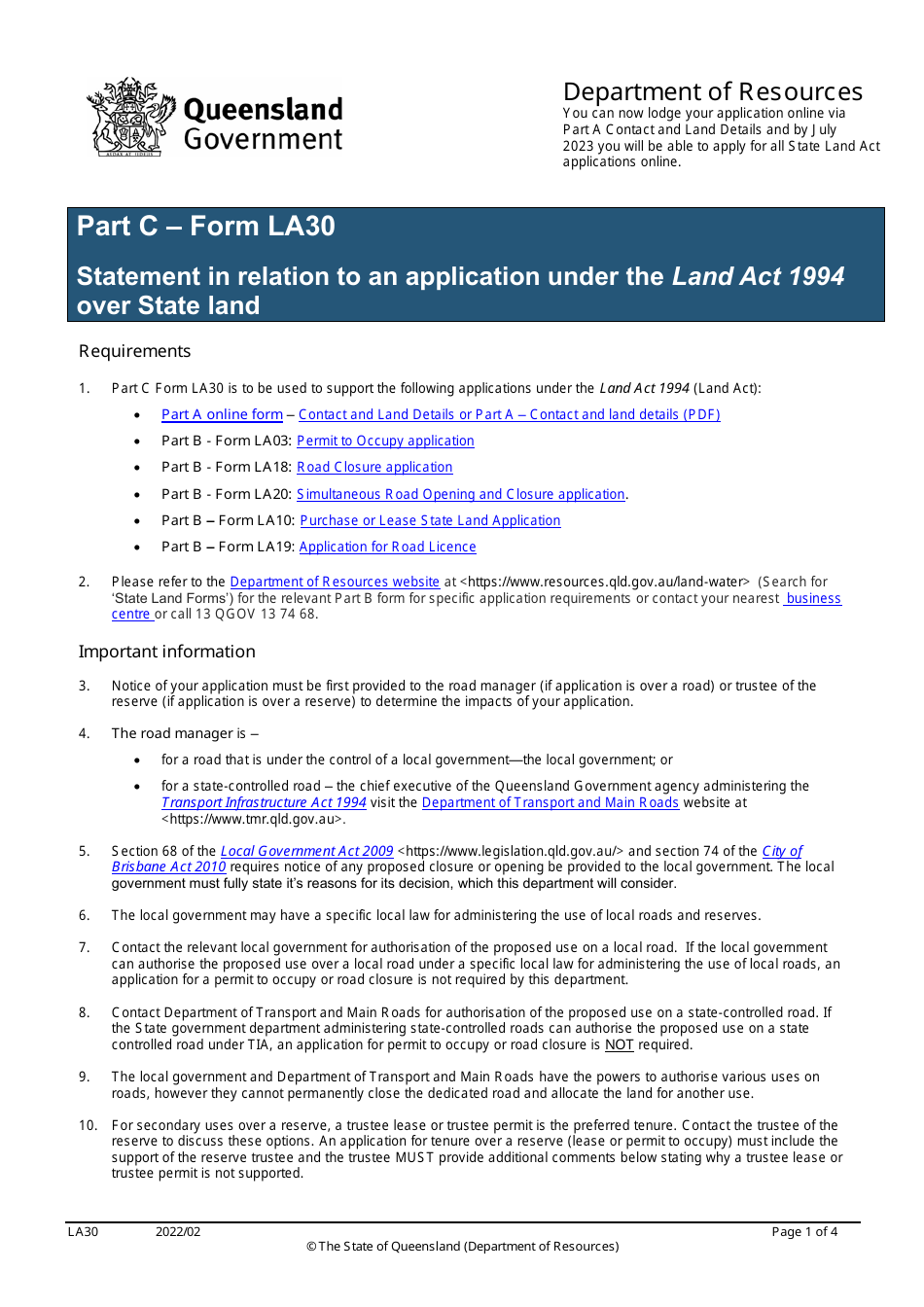 Form LA30 Part C Statement in Relation to an Application Under the Land Act 1994 Over State Land - Queensland, Australia, Page 1